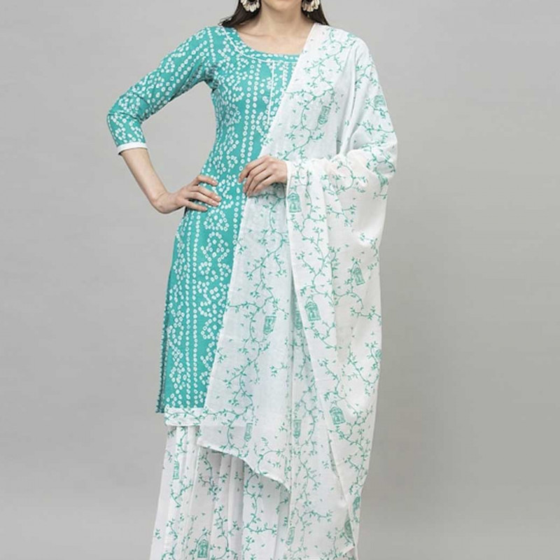 Turquoise Blue and white printed unstitched dress material 