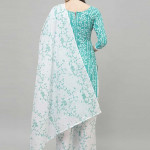 Turquoise Blue and white printed unstitched dress material 