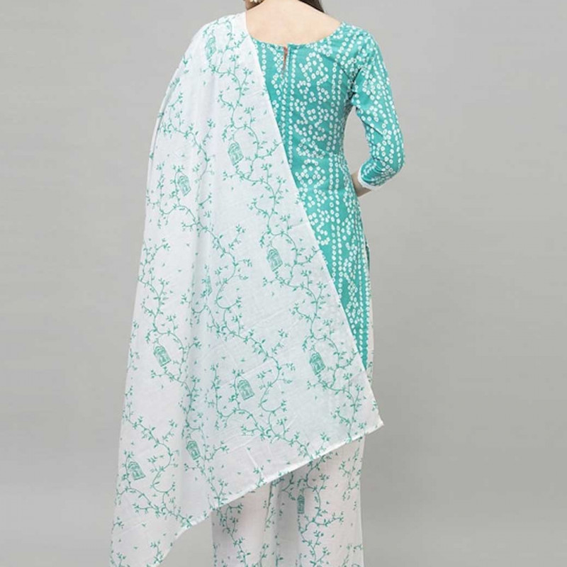 Turquoise Blue and white printed unstitched dress material 