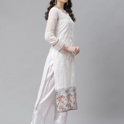 White embroidered unstitched dress material