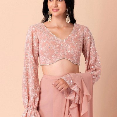 Pink crop regular top Floral embroidered V-neck tops