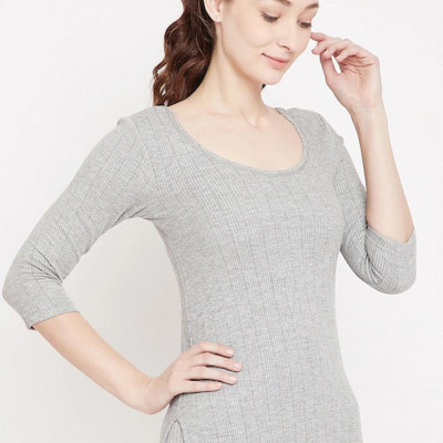 Women Grey Striped Slim-Fit Thermal Top