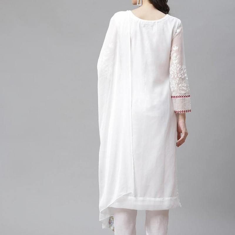 White embroidered unstitched dress material