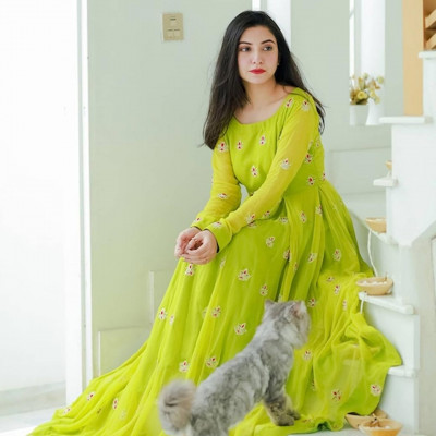 Green embroidered semi-stitched dress material