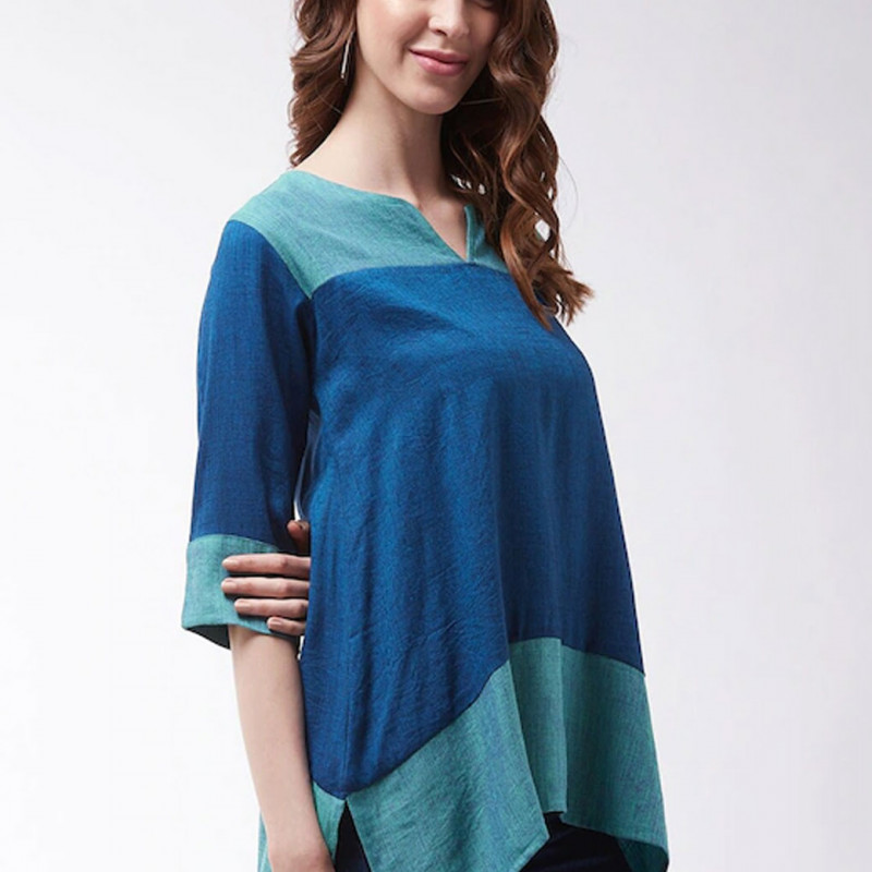 Blue regular a-line top Colour blocked V-neck tops