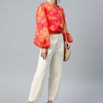 Pink & Orange Floral Printed Puff Sleeves Top