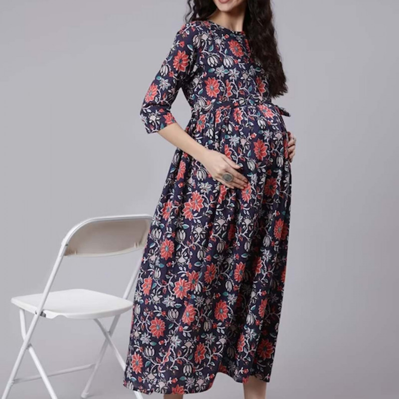 Blue Maternity Cotton Maxi Dress