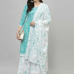 Turquoise Blue and white printed unstitched dress material 