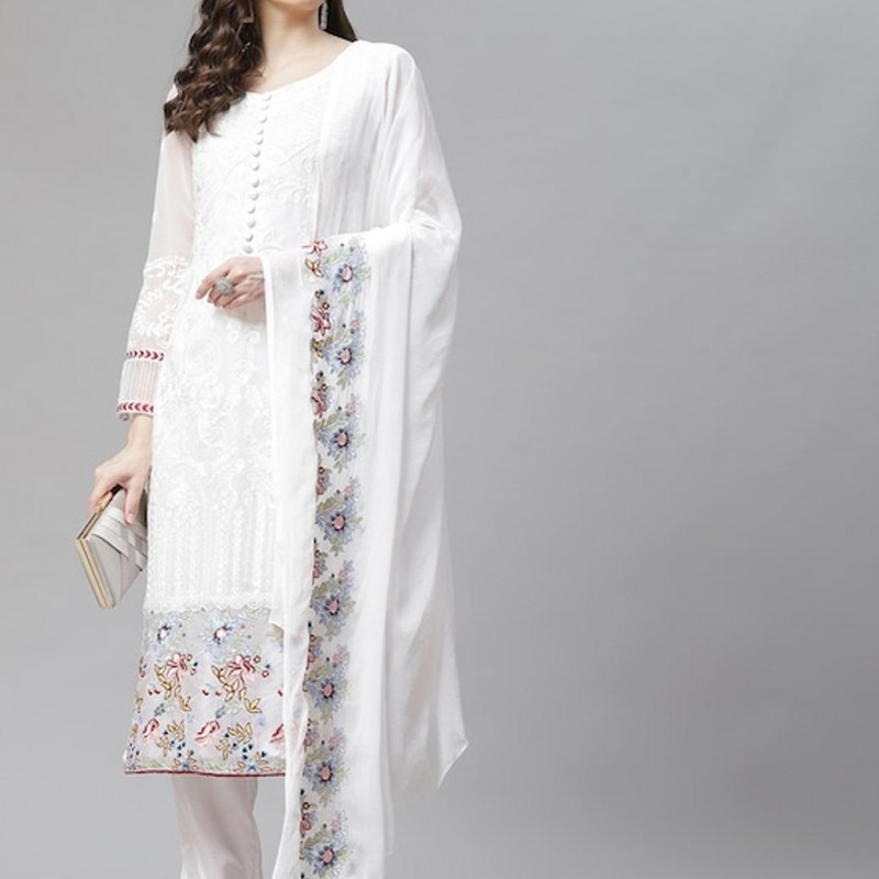 White embroidered unstitched dress material