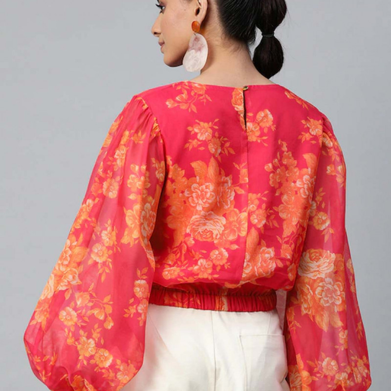 Pink & Orange Floral Printed Puff Sleeves Top